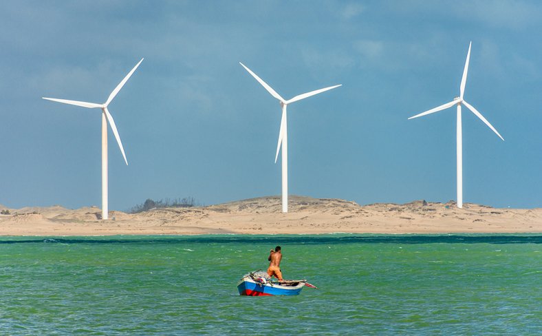 Wind turbines fishing boat Brazil