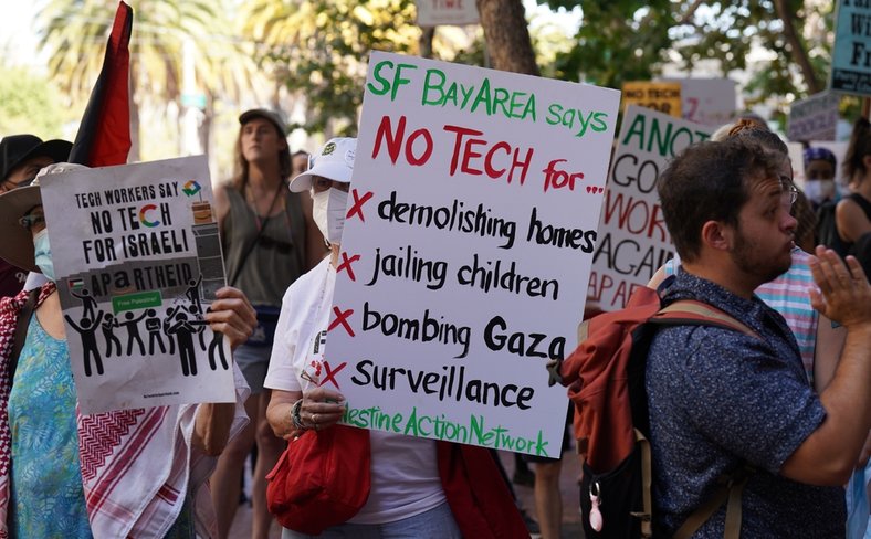 Tech sector demonstration against project "Nimbus," an Amazon and Google Cloud services surveillance program for Israel government and military - San Francisco, September 2022